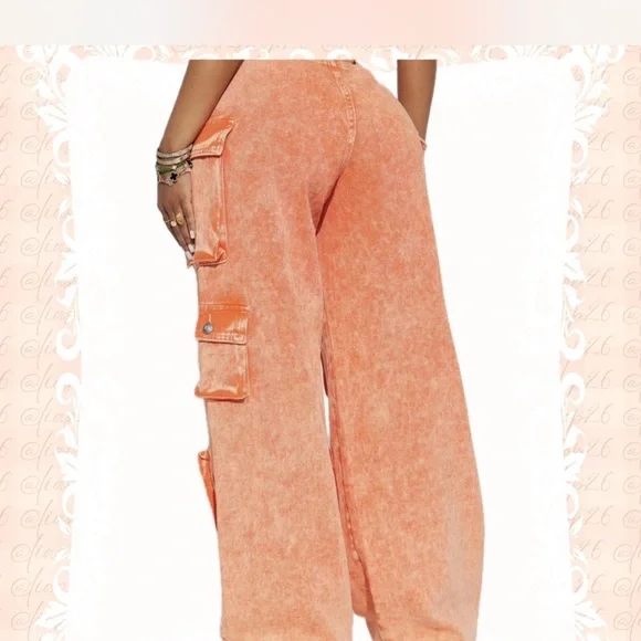 High Rise Orange Acid Wash Cargo Baggy jeans size 11 - Picture 2 of 11